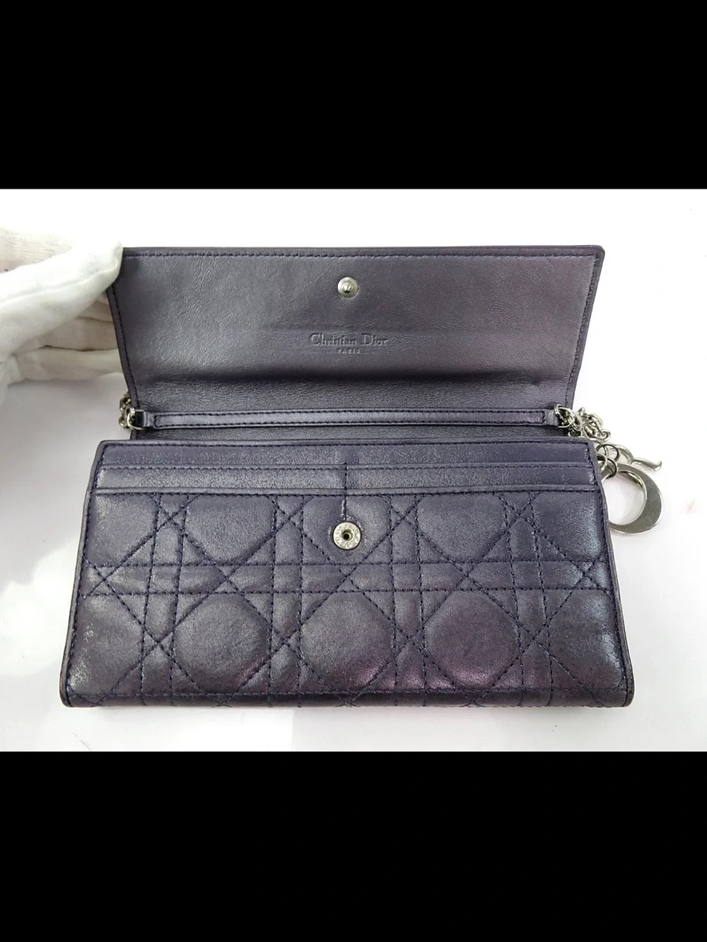 Dior Metallic Plum Quilted Chain Wallet